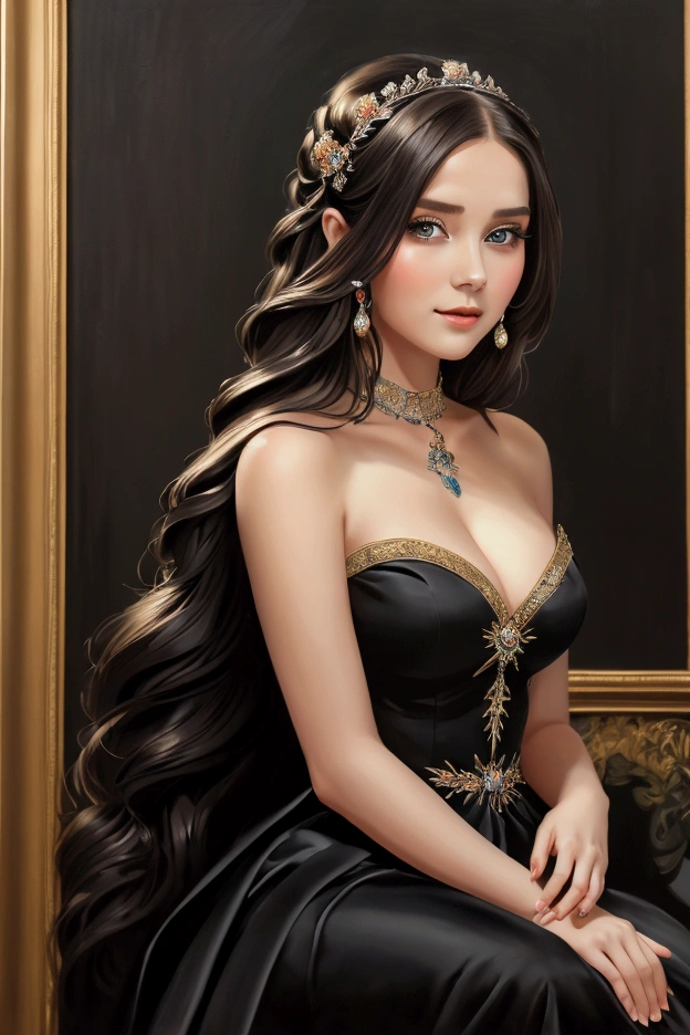 masterpiece, Best Quality, 1 girl, Alone, ((mature woman)), round pupils, long hair, hair, Princess, black dress, fancy, happy, looking at the viewer, Dibujos cheered ups, cheered up, (oil painting)