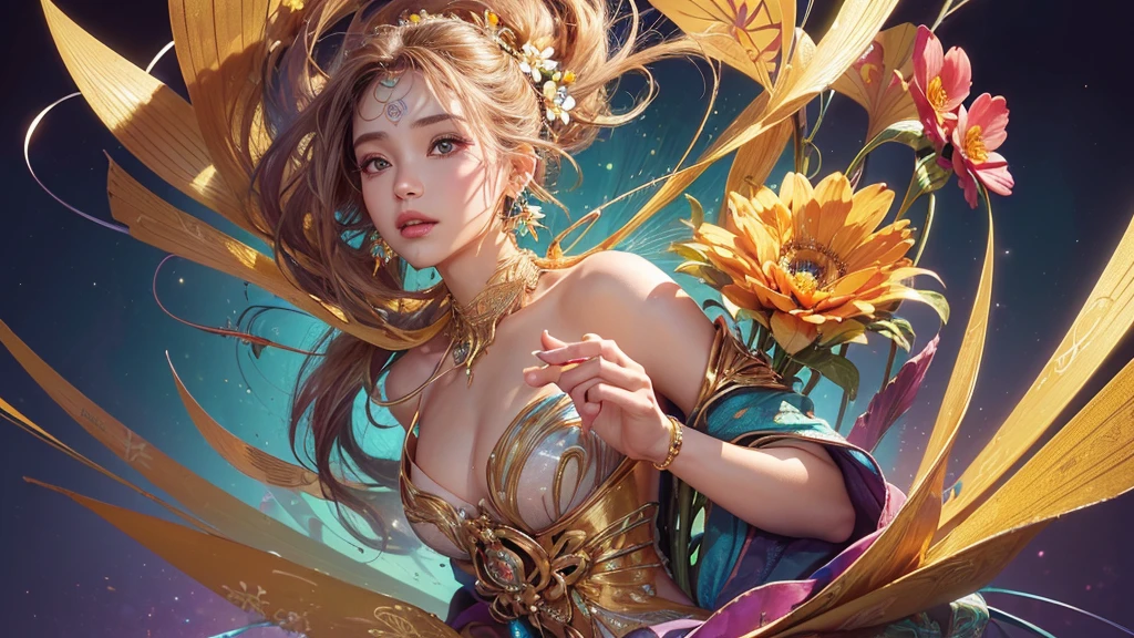 32K, 最高quality, 最高masterpiece, (ultra-Detailed Background, Detailed Background), High resolution, Super detailed, Very detailedな, 1 personの, (bouquet:1.3), (Tangled:1.2), (Geometric:1.2),(colorful),(masterpiece, quality, best quality, Official Art, Beautiful and beautiful:1.2), (1 person:1.3), Very detailed,(colorful:1.1)(Flowers:1.3),Most detailed,(Tangled:1.2), whole body, (Abstract background:1.3), (Skin glows), (Many colors:1.4), ,(Earrings Jewelry:1.5), Bright gradient background, Beautiful and sparkling background, It's imaginative., Flaxen Hair, Lustrous skin,
