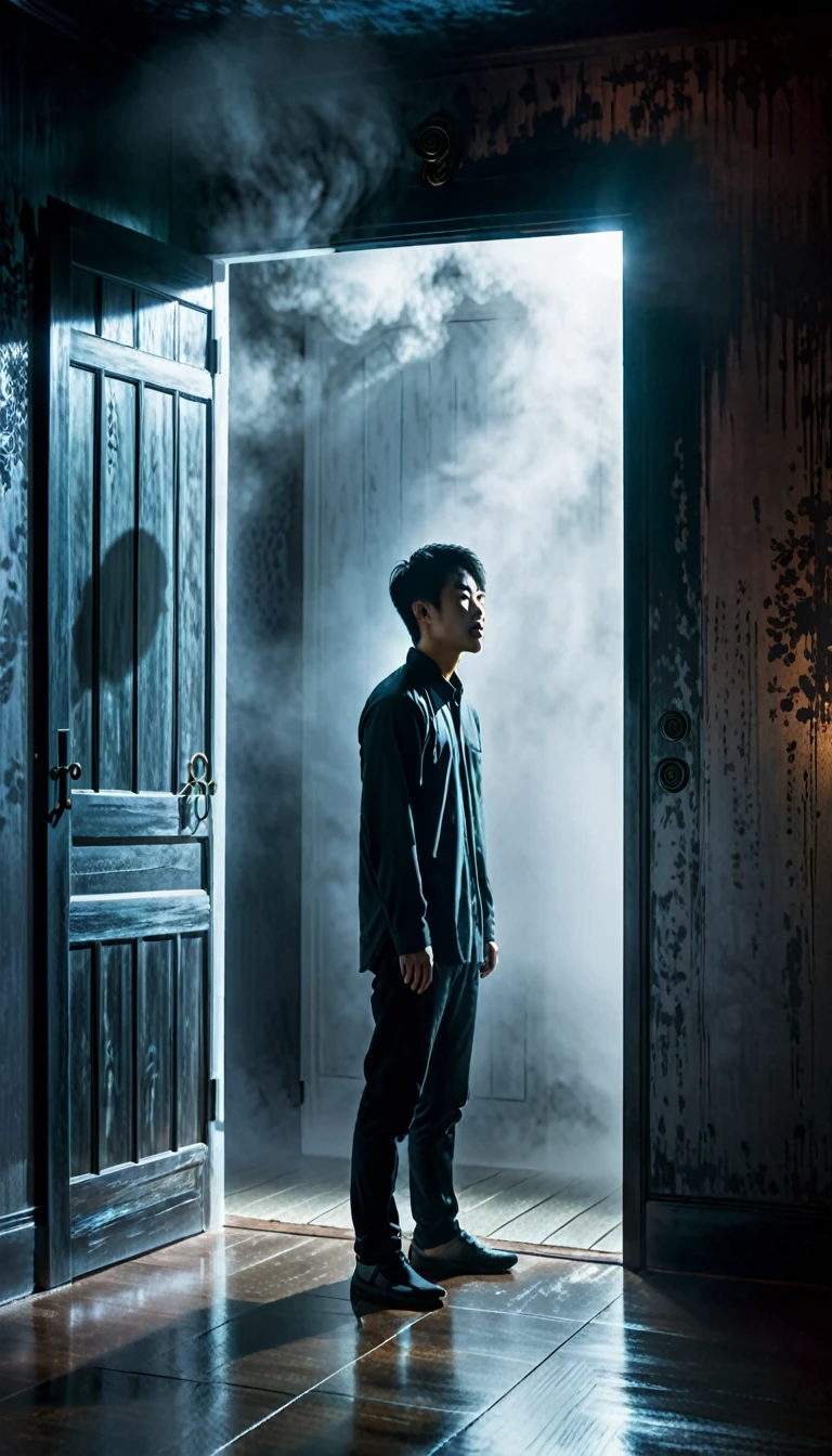 Surreal scene of a young Asian man standing before a partially open digital doorway, misty world with shadowy figures and strange lights behind the door, a ghostly female figure emerging, dreamlike quality