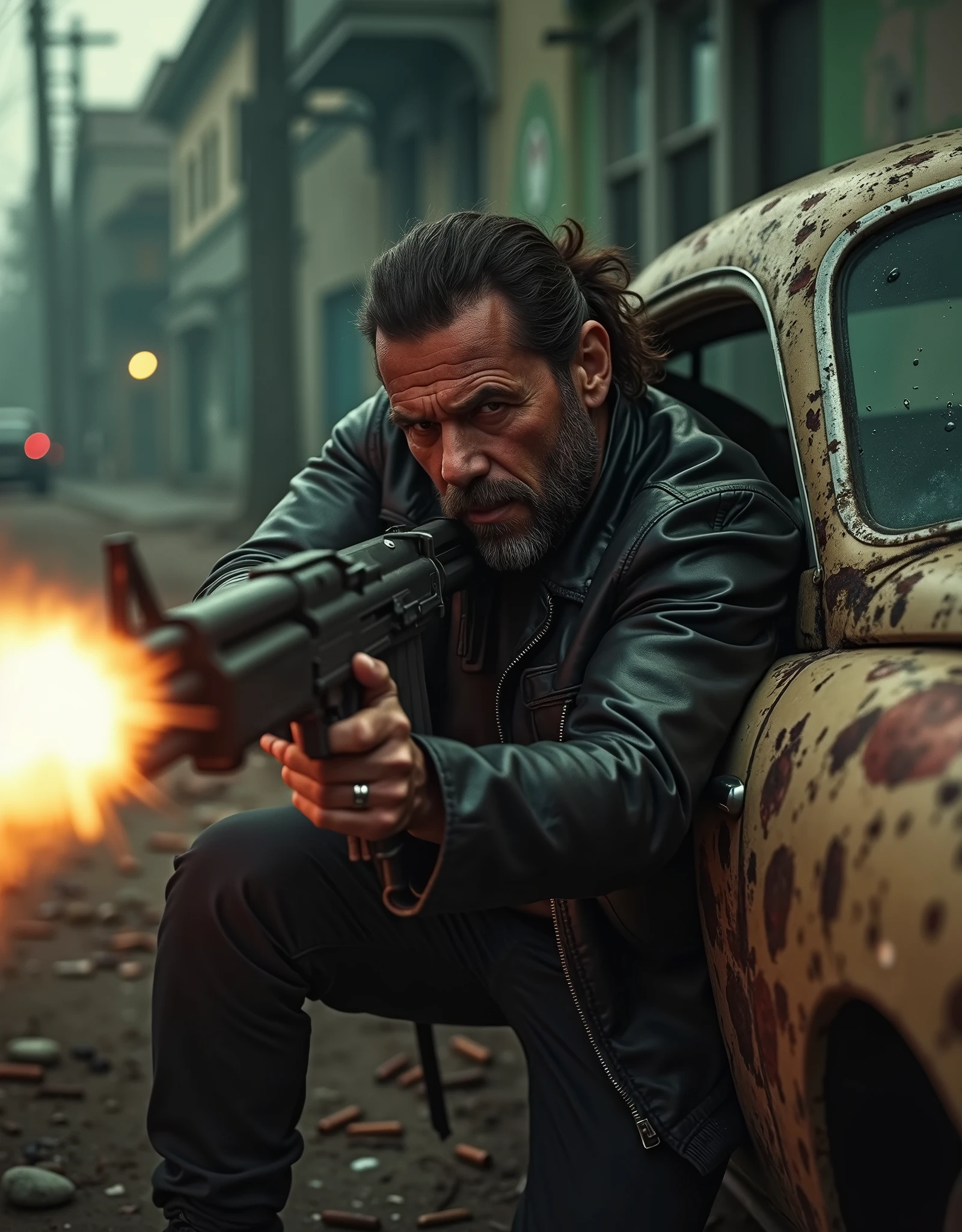 A Hell's Angels biker firing an assault rifle, hiding behind a bullet-hole-ridden car, sedan, Los Angeles, abandoned street, perspective, nighttime, danger atmosphere, intense, cinematic, fix hands