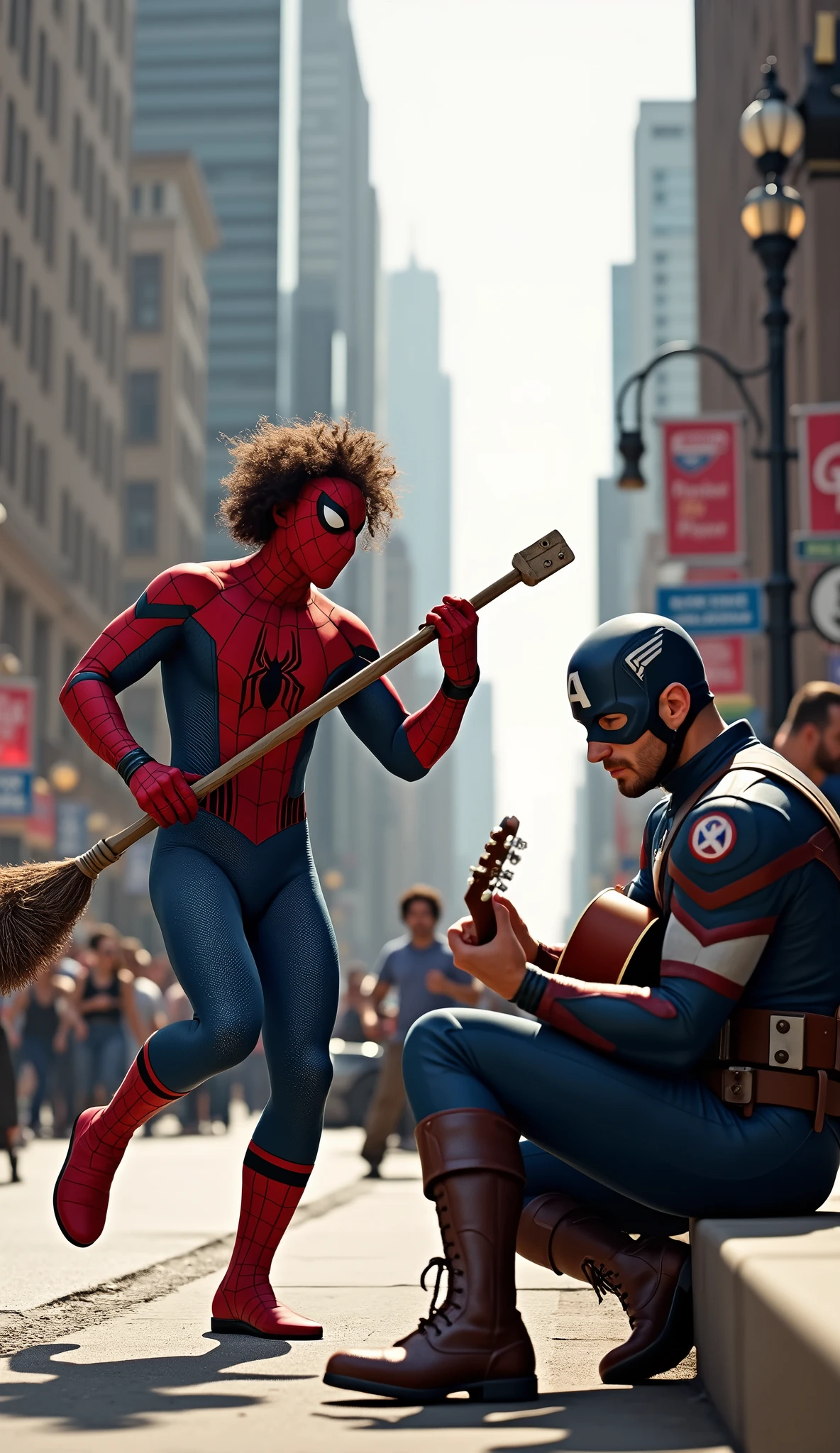 (Spider-Man big hair dance in pedestrian with a broom on his hands like as a guitar), and (Captain America sitting beside the road and playing accoustic guitar), hyperrealistic