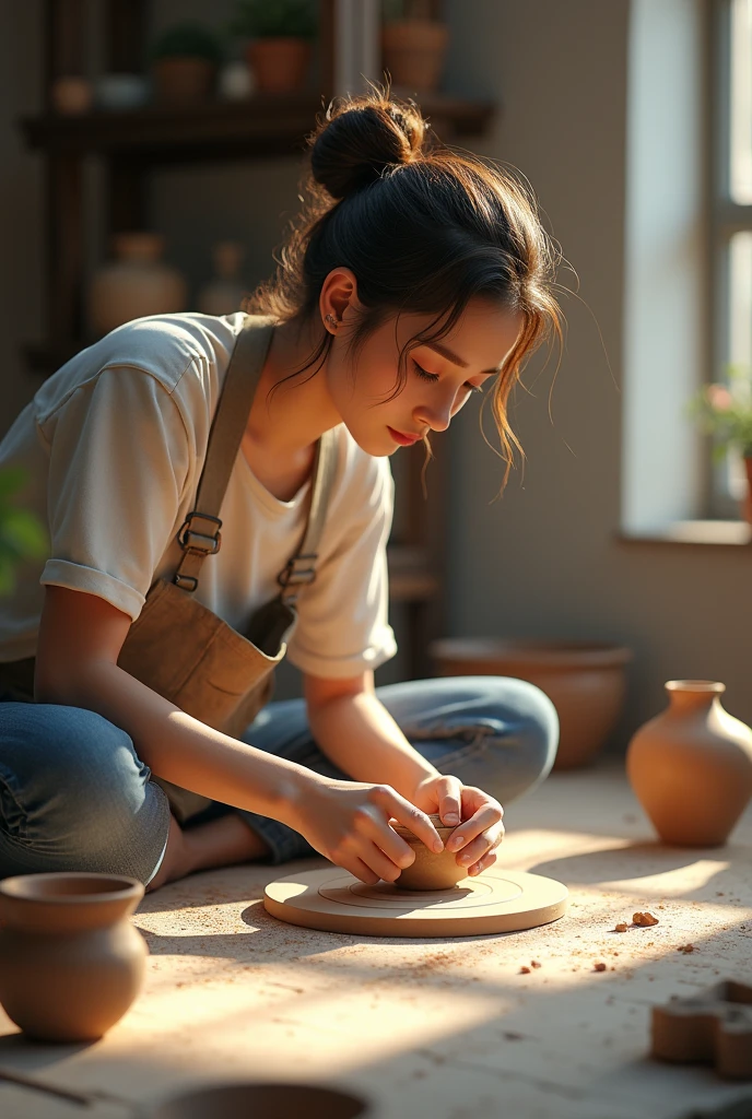 (masterpiece, Highest quality, shape, Subtle details, 8k:1.2),(Highly detailed CG Unity 8k wallpaper), (Highest quality), (Best illustrations), (Photo shoot by a professional photographer:1.2),(Best Shadow),  Realistic lighting, (((陶磁器の便座の粘土を平らな台の上で成shapeしている工員:1.2)))
