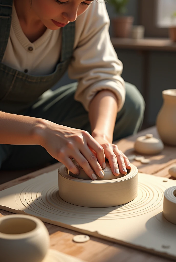 (masterpiece, Highest quality, shape, Subtle details, 8k:1.2),(Highly detailed CG Unity 8k wallpaper), (Highest quality), (Best illustrations), (Photo shoot by a professional photographer:1.2),(Best Shadow), Realistic lighting, (((陶磁器の便座の粘土を平らな台の上で成shapeしている工員:1.2)))