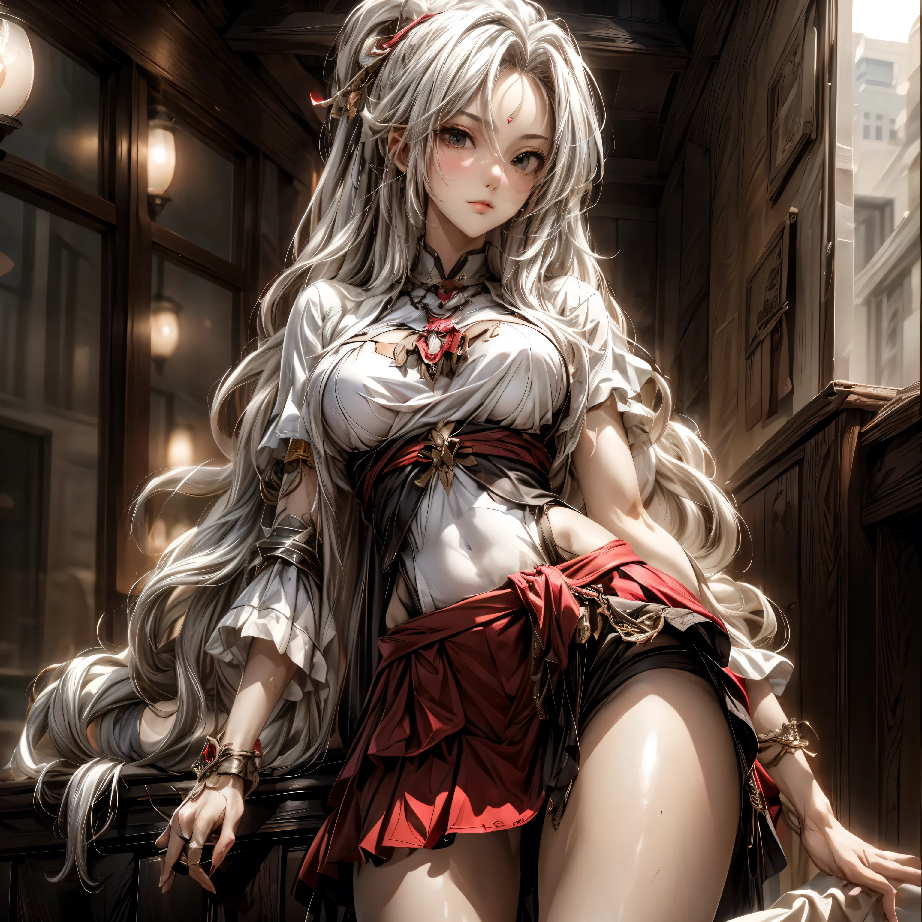 (best quality)), ((Masterpiece)), (details:1.4), 3d, HDR (high dynamic range), an image of a beautiful cyberpunk female, fantasy, medieval, Cyberpunk, Sleek style, pink hair, High ponytail, Beautiful White eyes, จมูกโด่ง, ปากแดง, หน้าอกใหญ่, nvidia RTX, PBR surface, After processing, Anisotropic filtration,depth of field, Maximum clarity and clarity, multi-layered surface, Subsurface scattering, perfect proportions, 8K raw files, ultra detailed, Perfect proportions, volumetric lighting, soft lighting, Holy Paldin, Heavy Golden Armor, White dress, intricate Silver embroidery, glossy skin, Bed room Background, jewely, ต่างหู, นิ้วมือสมบูณ์, mini Red skirt,