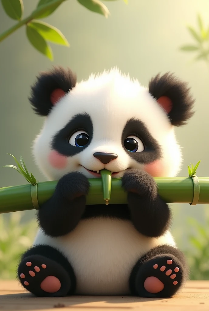 I need you to design me an animated image of a baby panda (that is tender) seated, holding a bamboo branch horizontally (speaker shape) in a frontal shot where you can see that the panda is eating the bamboo