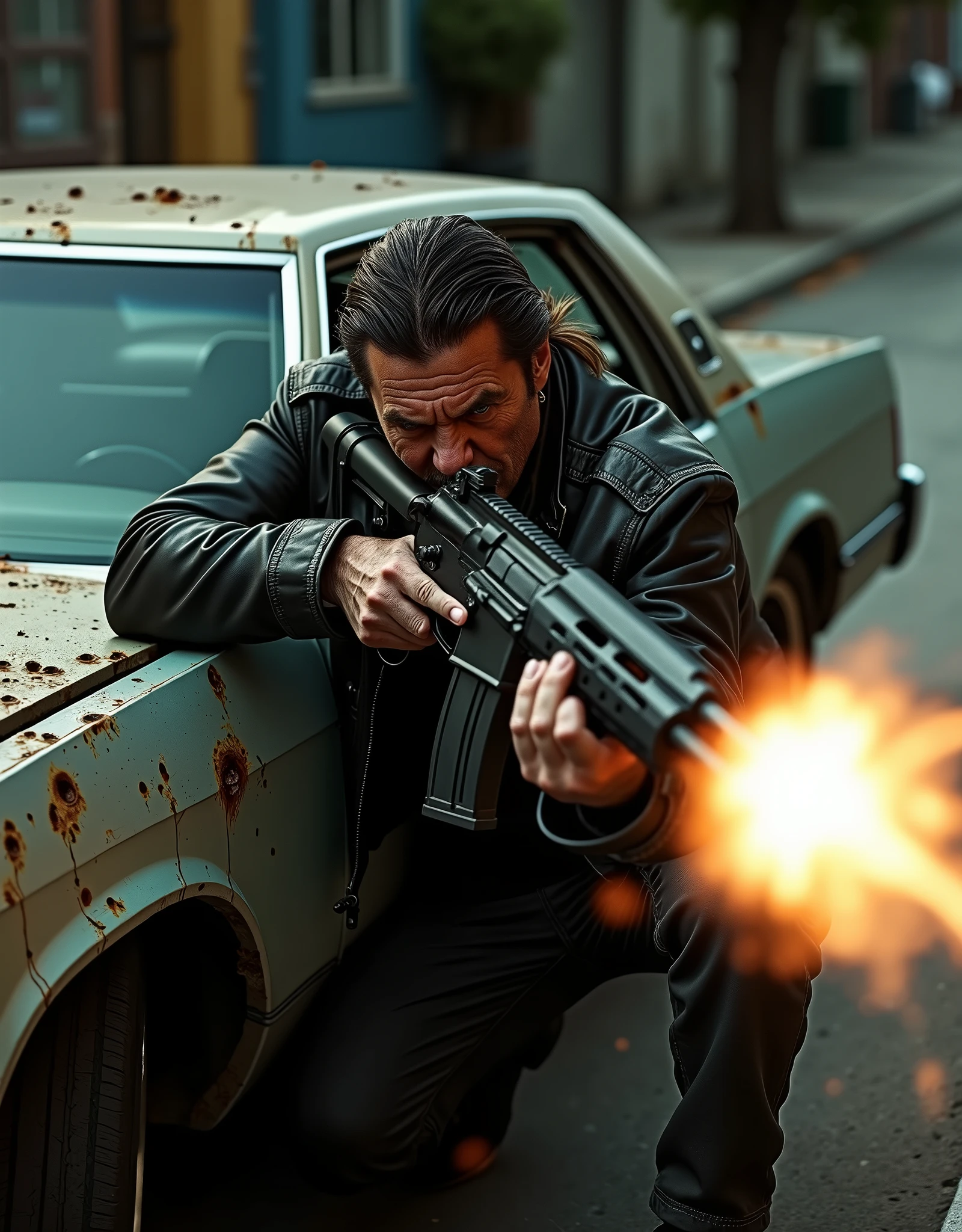 A Hell's Angels biker firing an assault rifle, hiding behind a bullet-hole-ridden car, sedan, Los Angeles, abandoned street, perspective, nighttime, danger atmosphere, intense, cinematic, fix hands