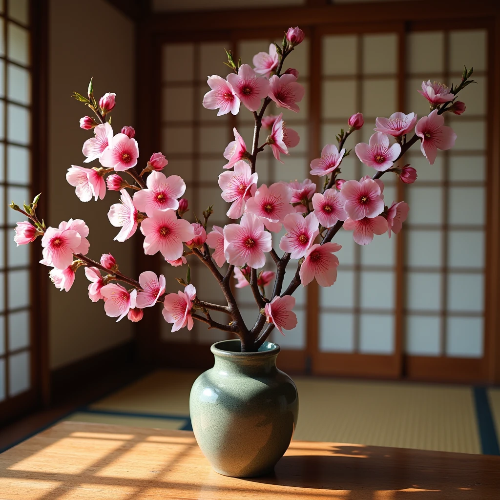 Plum blossoms in a jar are displayed in a Japanese-style room.