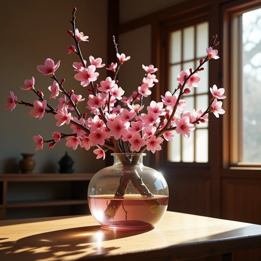 Plum blossoms in a jar are displayed in a Japanese-style room.