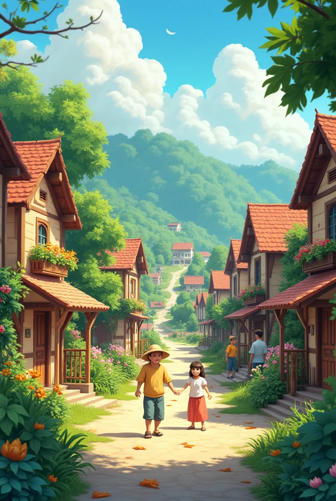 • Second Wish - Peace for the Village:

• A peaceful village scene with people smiling and interacting harmoniously. The village is now clean, vibrant, and flourishing with greenery.