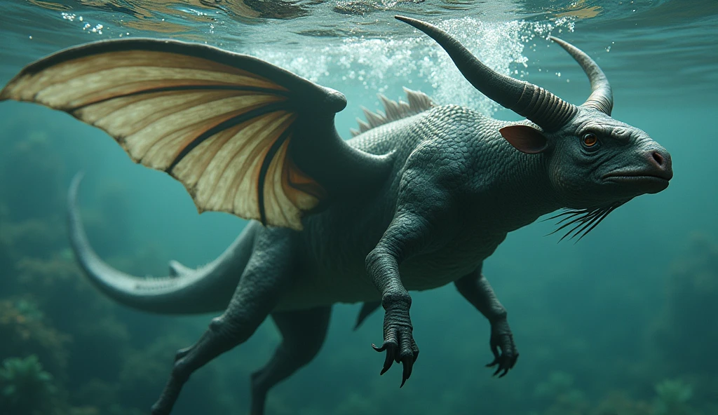 There is a kind of fish in the water with a bull's head, a fish's body, and a snake's tail.,Wings growing from the ribs(best quality,4K,8k,High level,masterpiece:1.2),Ultra Detailed,(lifelike,Photo real,Photo real:1.37)