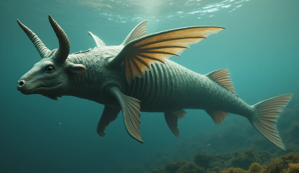 There is a kind of fish in the water with a bull's head, a fish's body, and a snake's tail.,Wings growing from the ribs(best quality,4K,8k,High level,masterpiece:1.2),Ultra Detailed,(lifelike,Photo real,Photo real:1.37)