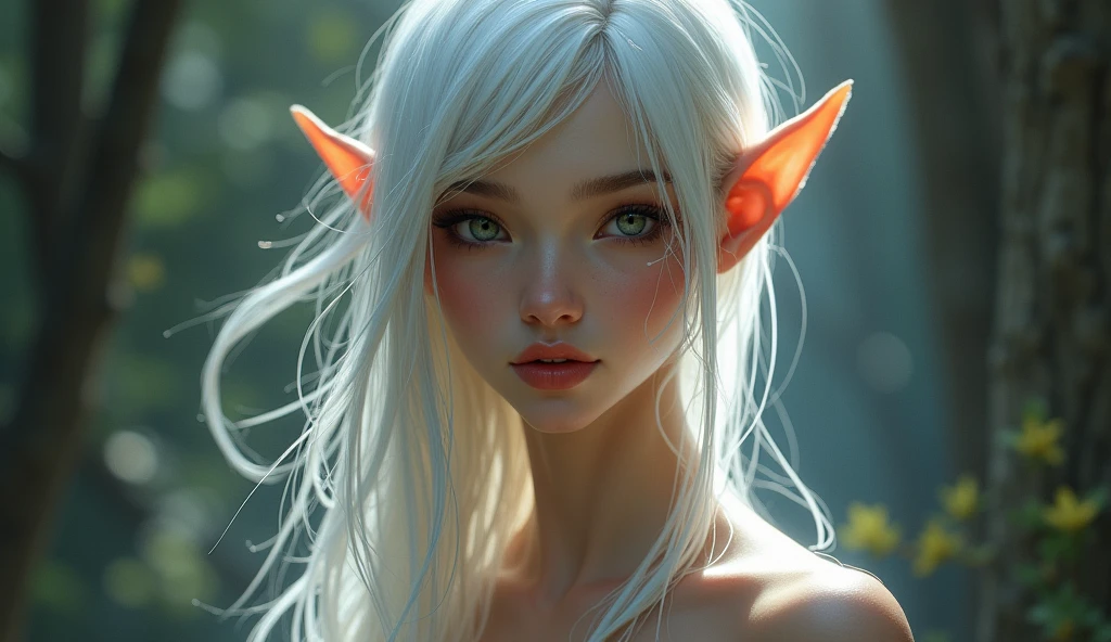 Elf female, white hair, cat eyes, big breasts, slim waist, full body, from head to toe, highly detailed, very realistic,