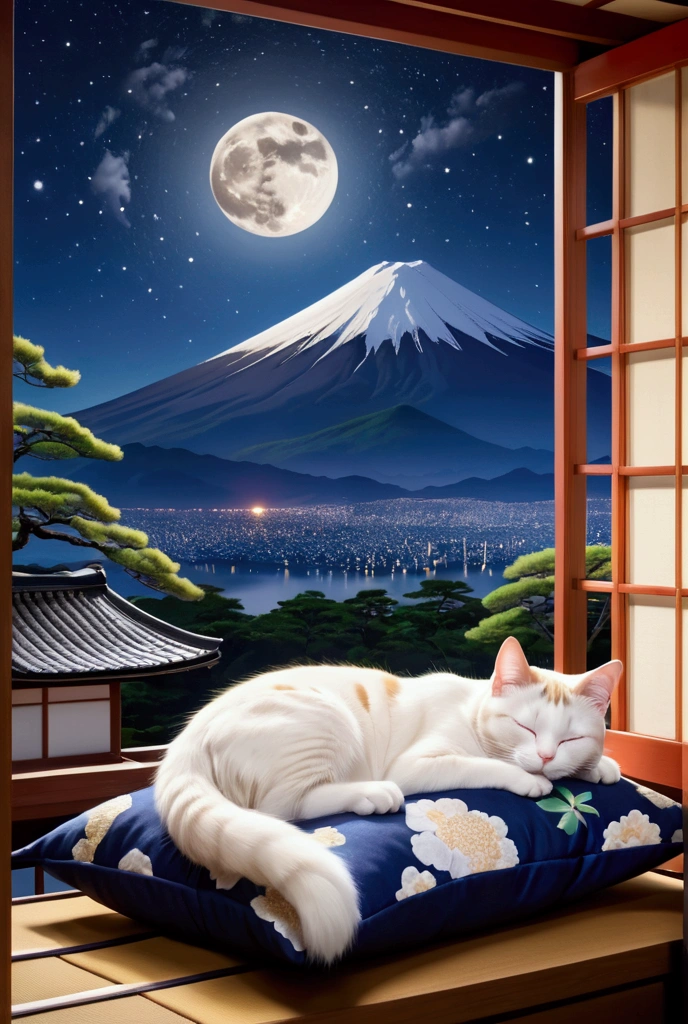 Cat sleeping on pillow, Fuji Mountain,Window with view, Night Sky, moon,Japanese House