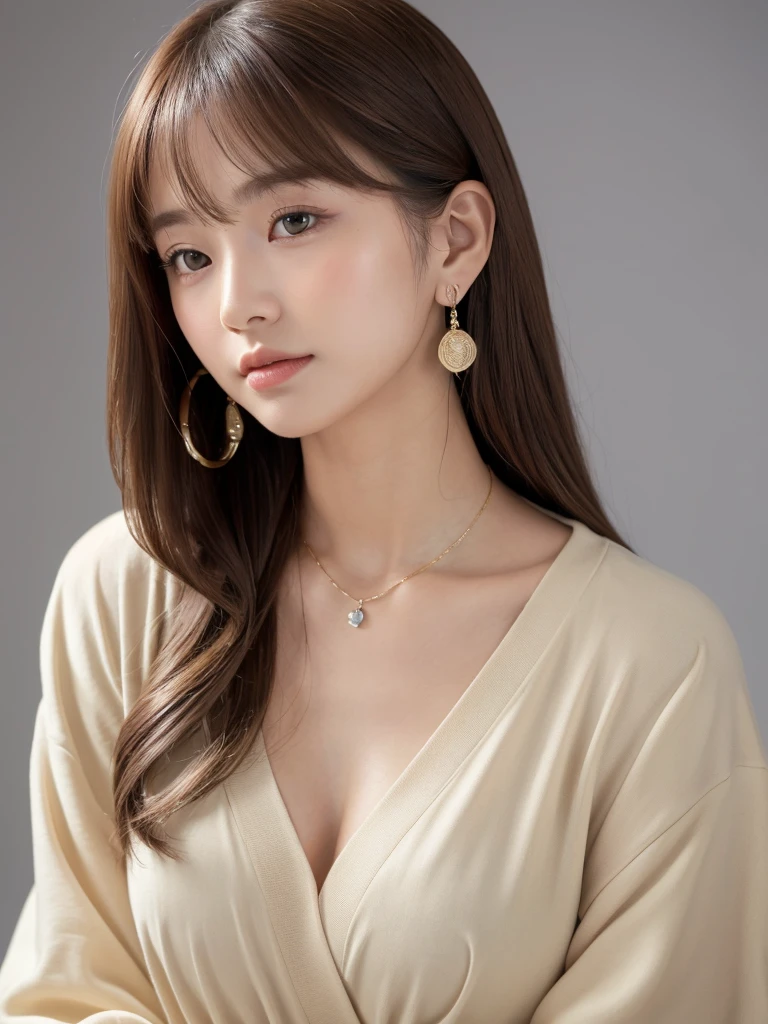 ((Highest quality, 8k, masterpiece:1.3)), concentrate: 1.2, Perfect body beauty: 1.4, Hips: 1.2, ((Long Hair, chest: 1.2)), (Dry clothes: 1.1) , (clear, Simple Background:1.3), Simple clothes: 1.1, Highly detailed face and skin texture,Delicate eyes, double eyelid, Whitened skin, Rough skin、Long Hair、bangs、Simple earrings、necklace、 solo、Beige coat、White shirt, (((Cute and beautiful Japan)))、 ((Beautiful 20-year-old Japanese))、 ((Baby Face))、 (((Slender body)))、 Upper Body,Face focus、necklace,Simple Background,From above, Realistic Hair、 A photograph was taken:Canon EOS R6、135mm、1/1250 seconds、f2.8、ISO400、(Detailed explanation of the hand)、(Masseter muscle area)、(Exquisite CG)、Long Hair, loose and curly hair、Korean Hair、Long Hair明るいベージュ色、グラデーションハイライトグレージュのゆるふわLong Hairスタイル、