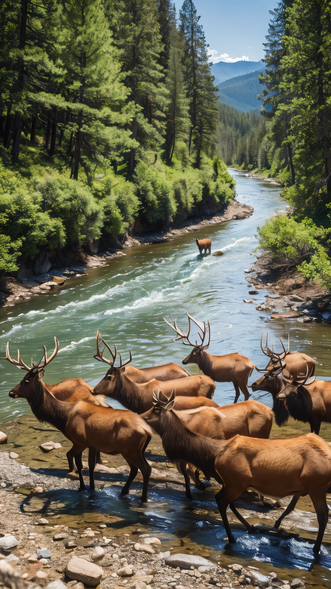 ((masterpiece)), Highest quality, (8k, Highest quality, masterpiece: 1.2), Very detailed, A herd of elk walking along a river in a mountain valley.