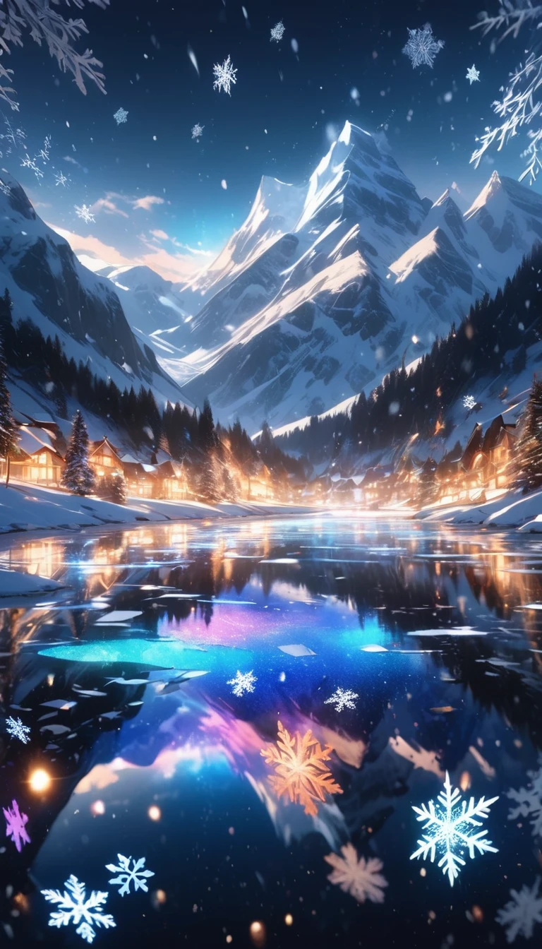 a dark canvas, transparent glittering snowflakes falling, [transparent holographic reflections], an absurd landscape created by snowflakes, a beautiful world that leaves you speechless, ((((sharpness)))), delicate as silk