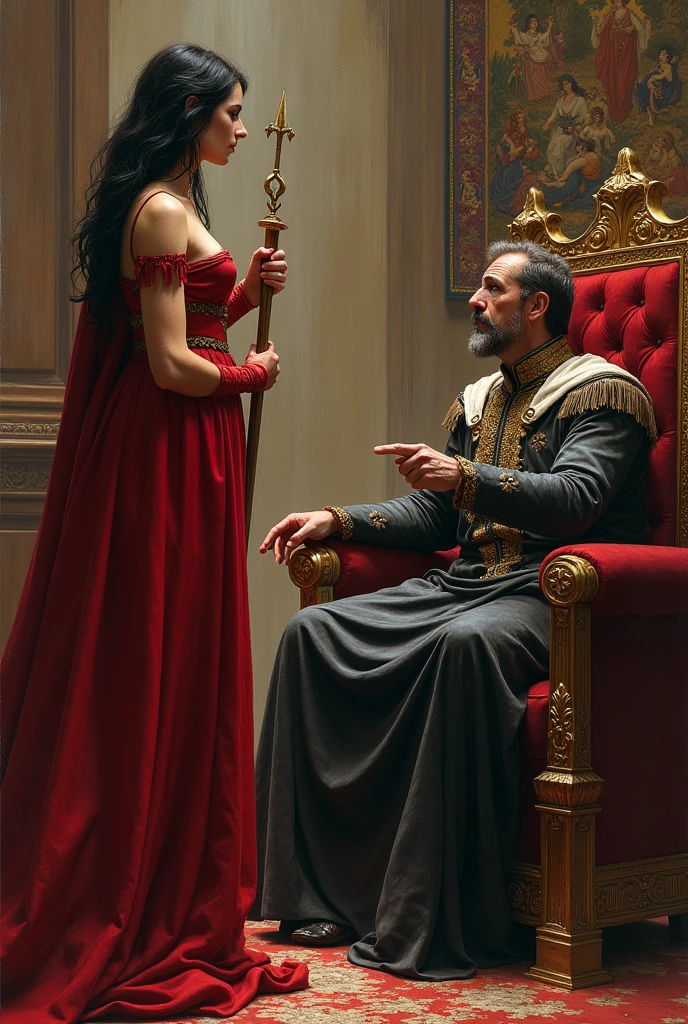 Queen of faith with dark hair touching the tip of the king's scepter who is sitting on his throne pointing at her on the wall in the background tapestry