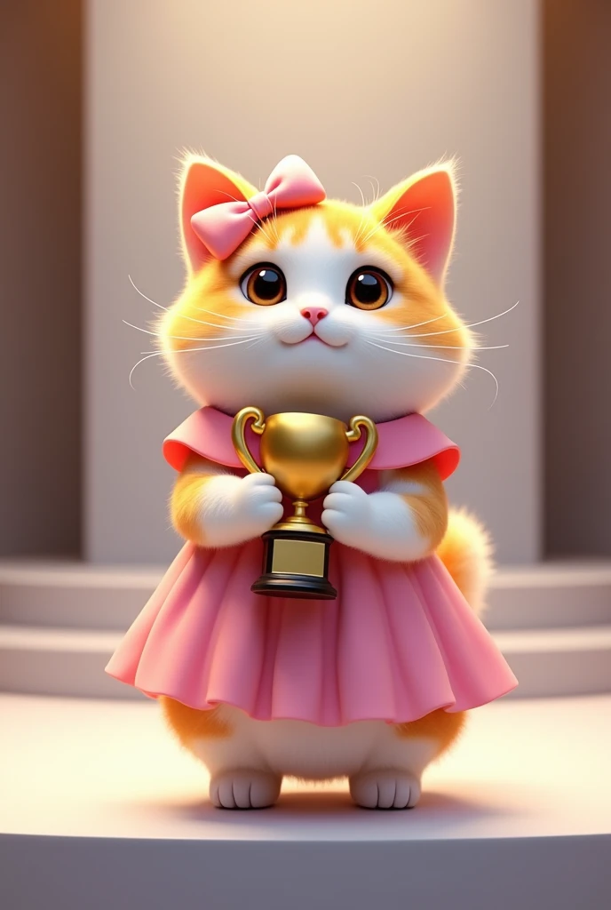 the beautiful small white yellow color faty healthy cat wearing beautiful dress pink hair band in his head get the beautiful award's in his hands standing in the beautiful modern stage