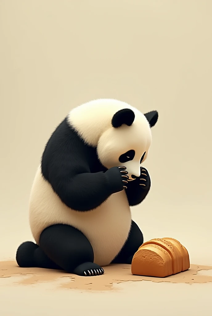 Panda kneeling giving honor for a bread worshipping the bread different one