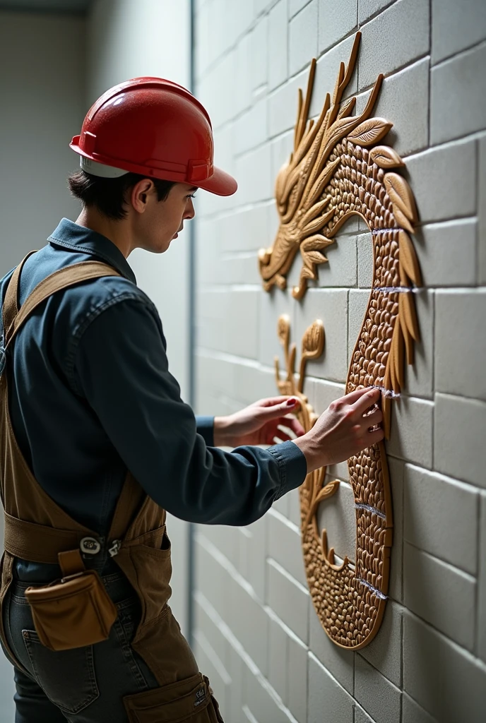 WorldSkills competitor applying tiles to a wall with patterned designs on cut tiles forming a dragon design