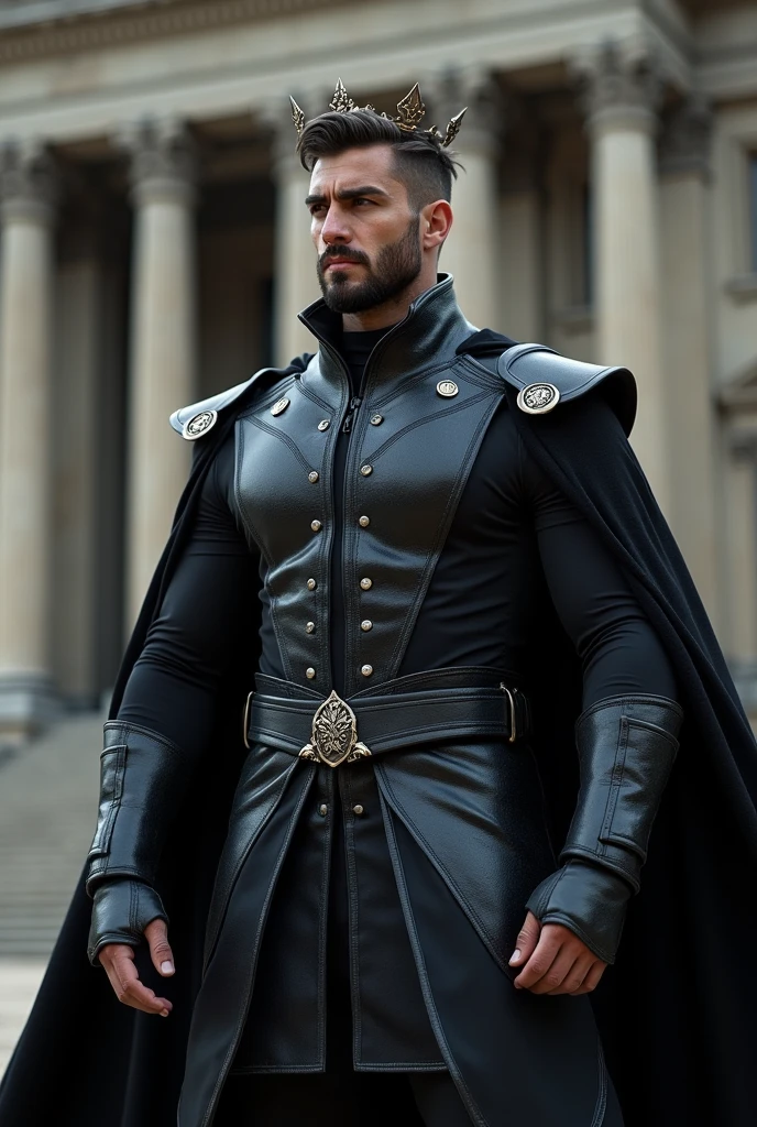 (Best quality at best,Photorealistic) ( Peitoral extremamente generosos)big massivea huge pecs,(dark,feels) hot Wizard Young person, One guy,detailed black eyes, French-German man in uniform standing in front of building, in full military garb, in a soldier uniform, Inspired by tom of finland, couro preto , eslastic uniform,, in a soldier uniform, Court Costume Akira, in a soldier uniform, Imperial team, in a soldier uniform Black cloak , crown in your Head Wearing imperial equipment, Wearing a cop's uniform, Inspired by Oka Yasuyu, Italian man wearing old samurai uniform,,。dark skin., ((Very relaxed and lazy look!)), ((Unintentionally exposing chest muscles))Handsome male, Handsome chad chin, Handsome and attractive, Handsome and elegant, Handsome man, Sexy masculine, masculine and Handsome, , Handsome, Attractive posing, attractive male, Attractive man,40-year-old man!Lift your little head,Kominan wearing an army coat(closeup portrait!))showing off his hairy pecs。(Show hairy chest muscles),),(Use a short beard collar),Wear a military uniform and wear one without buttons!Show hairy chest muscles),),(Use a short beard collar,)headspace!Charming and serious look,(Handsome man,sitting down,poorly dressed,Perfect body anatomy,Beautiful man face detail,perfect foot,perfect hand!Ultra-low angle shooting!!