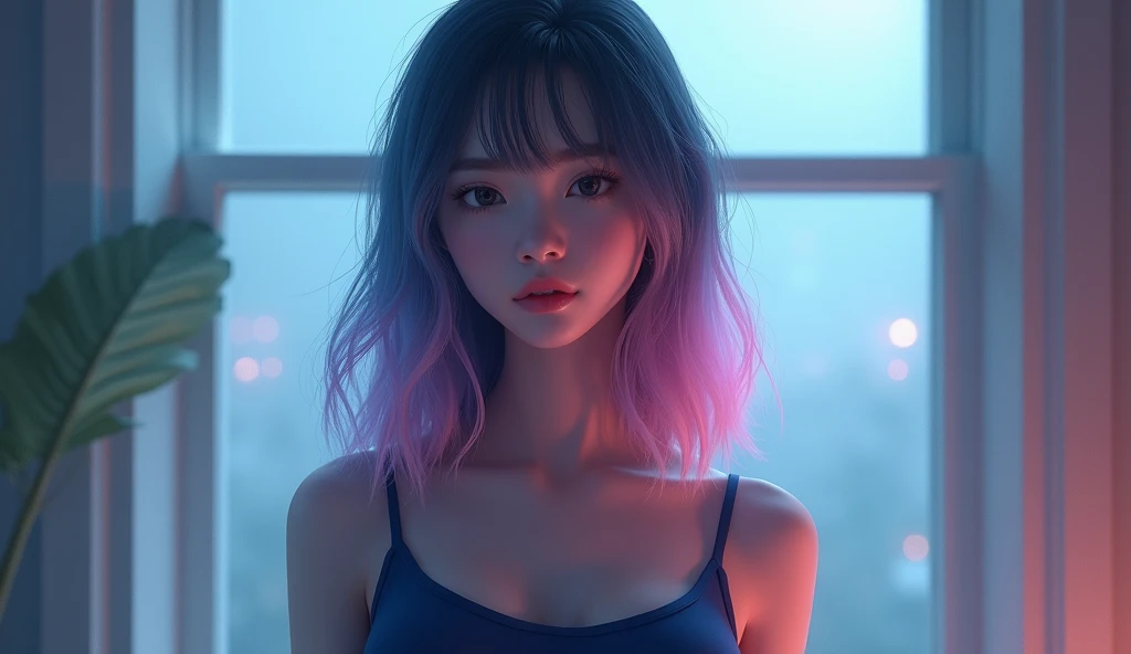 A beautyful Korea woman 20yo(watch), I parted ways directly,Her hair is great.,Wear a dark Blue tank top& shorts, stand (window background), bright colors, studio lights, gentle fire, The light is dim., 3D animation looking at the audience, chest,hi- light Blue,pink,purple Hair,