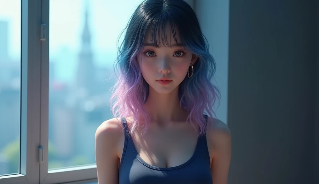 A beautyful Korea woman 20yo(watch), I parted ways directly,Her hair is great.,Wear a dark Blue tank top& shorts, stand (window background), bright colors, studio lights, gentle fire, The light is dim., 3D animation looking at the audience, chest,hi- light Blue,pink,purple Hair,