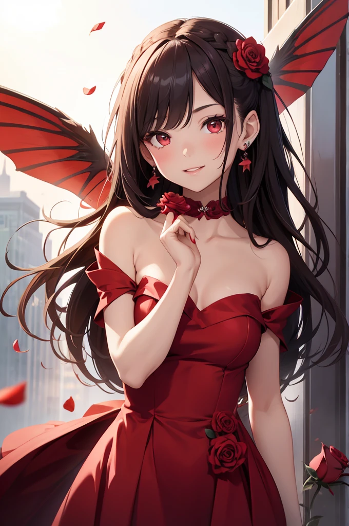 1girl, solo, long hair, breasts, looking at viewer, smile, bangs, red eyes, dress, holding, bare shoulders, jewelry, collarbone, braid, flower, red hair, earrings, small breasts, outdoors, parted lips, wings, nail polish, bare arms, petals, strapless, makeup, rose, red dress, red flower, strapless dress, red nails, red rose, fairy wings, holding flower