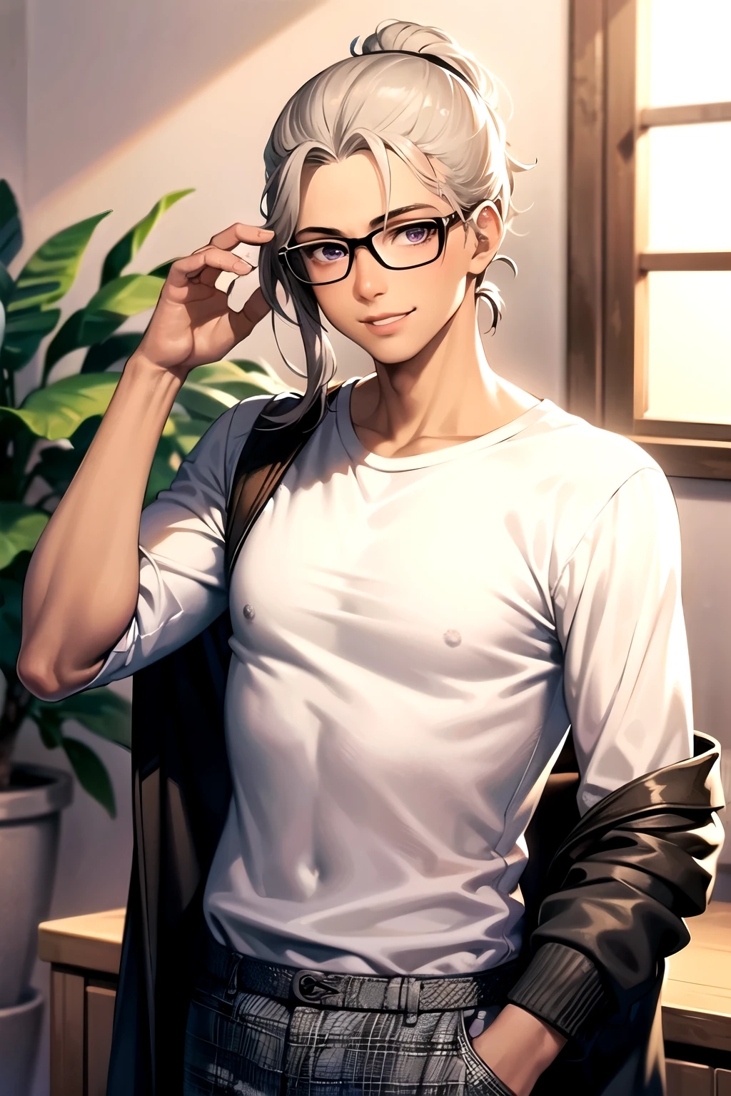 ((Highest quality)), ((masterpiece)), (detailed), ((male)), shirt,((Gray Hair)),((Brown skin)),Glasses,Purple Eyes,Forehead,ponytail,smile