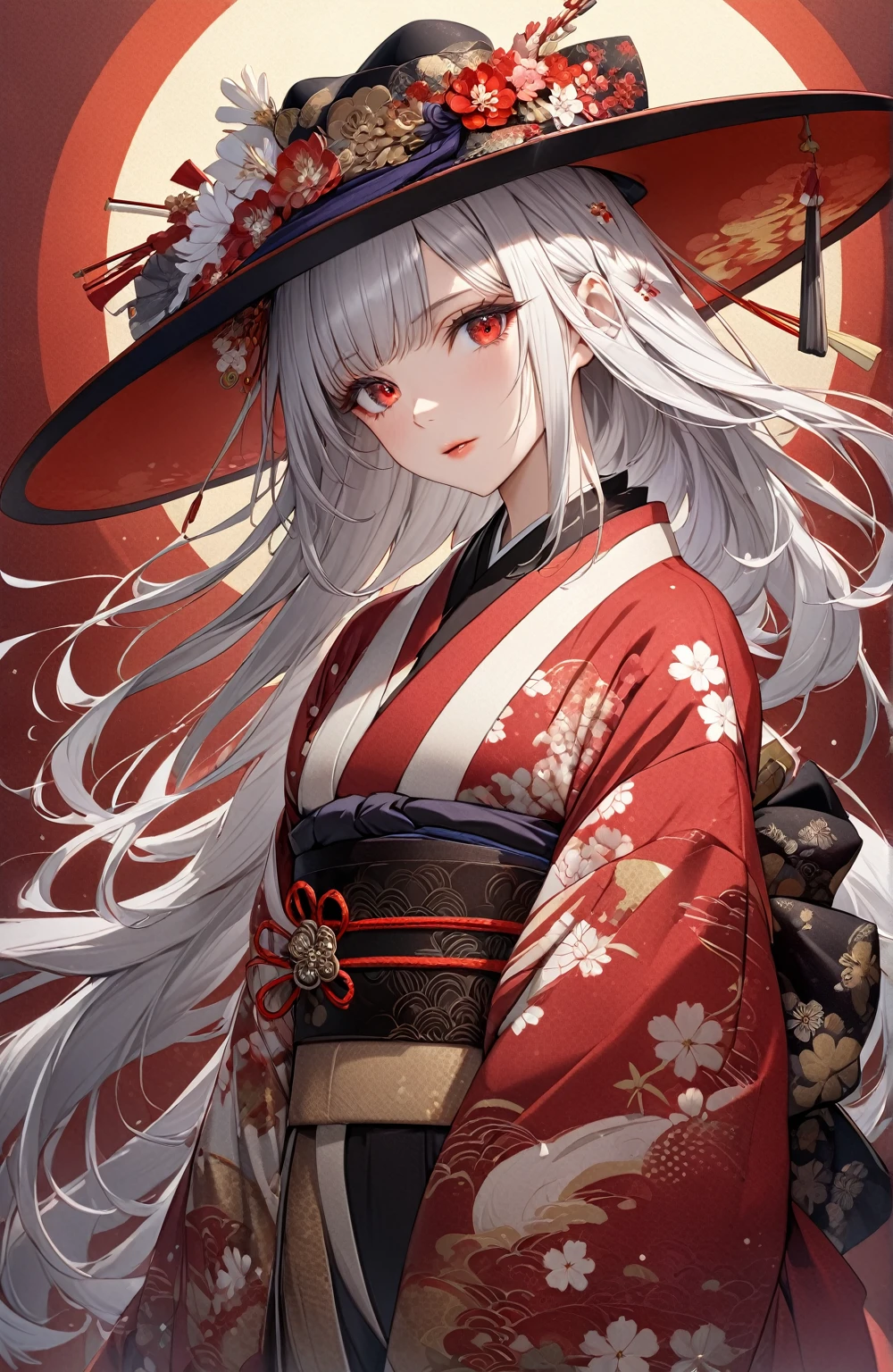 Ultra high resolution, rich colors, perfect image, top quality, detailed image, beautiful woman, glowing skin, skin and clothing texture, delicate eyes, Taisho period style, kimono, Japanese clothing, hat, kiseru, long silver hair, red eyes