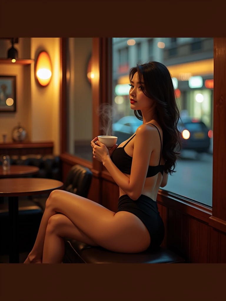 generate a master photograph describing a shapely Woman, a cozy scene inside a warmly lit café, (8K, best quality), she has a physique like Zendaya and Lin Chi-ling, smile, brown hair, black hair, asian skin (big chest, small tiny waist, big breasts), sitting by the window, holding a steaming cup of coffee and gazing out at the city street. Soft, warm lighting enhances the comfortable, inviting atmosphere, (She has sexy buttocks, Most sexy booty, Most sexy glutes), Womanly, Womancore, (She has fit hips, sexy hips, sexy fit hips, extremely sexy hips), (asian skin, glistening skin, beautiful complexion), shot on Fujifilm superia, (Studio soft light, high detail, cinematic lighting, rim lighting), Style: (hyperrealistic, by DynastySeries FashionNova, photo, {{{masterpiece photography}}}, analog photograph, professional fashion photoshoot, trending on artstation, synthwave, krrrsty), Quality: (photographed, masterpiece, highest resolution), Definition: (highres, sharp focus, 8k uhd, ultra photo-realistic resolution), Film: (80 mm, shot on portra 120, shot on Fujifilm), Resolution: (extremely detailed, (sharp focus:1.5), cinematic lighting, dramatic lighting, ultra photo-realistic), luxury: