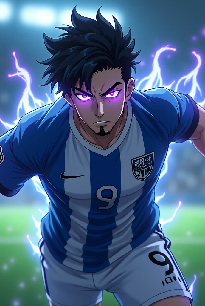 Create a football player with black wavy hair, wears a goatee and has the number 9 on his shirt, on his shirt it says ICE, he has in an attacking action position, make it in anime format, he is a serious player and he is 2, behind him there is a blurred field, His eyes glow purple and strands of energy come out, his face is the same as Sung Jin Woo's face