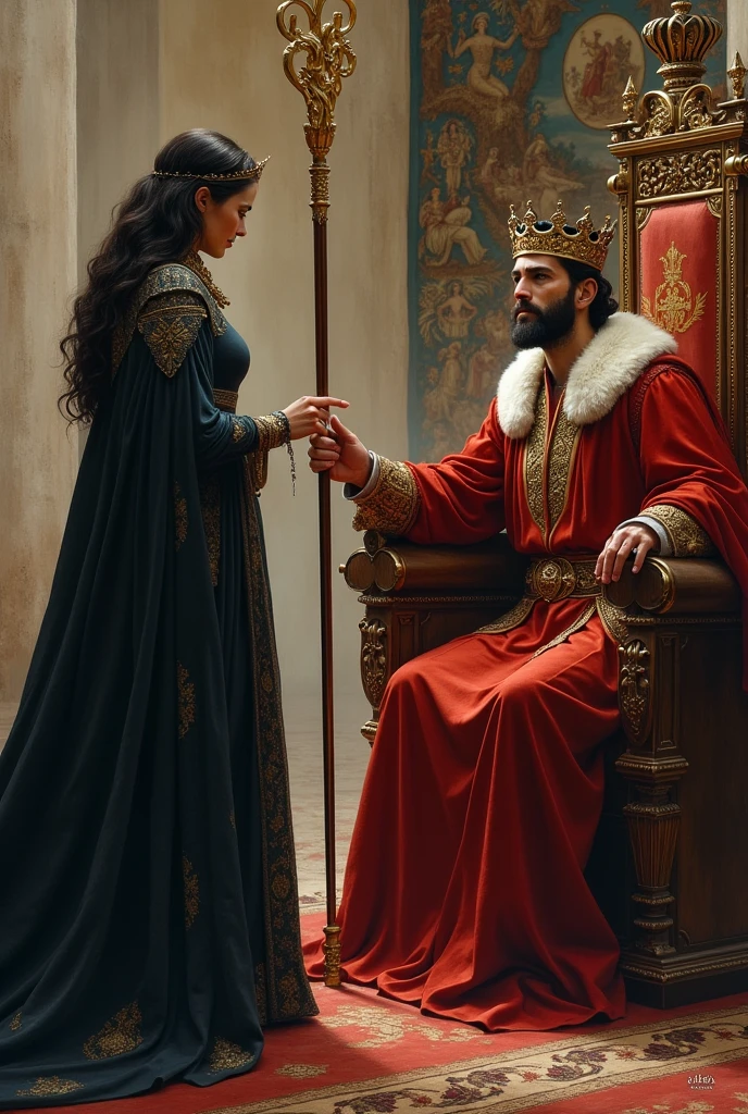 Queen of faith with dark hair touching the tip of the king's scepter who is sitting on his throne pointing at her on the wall in the background tapestry