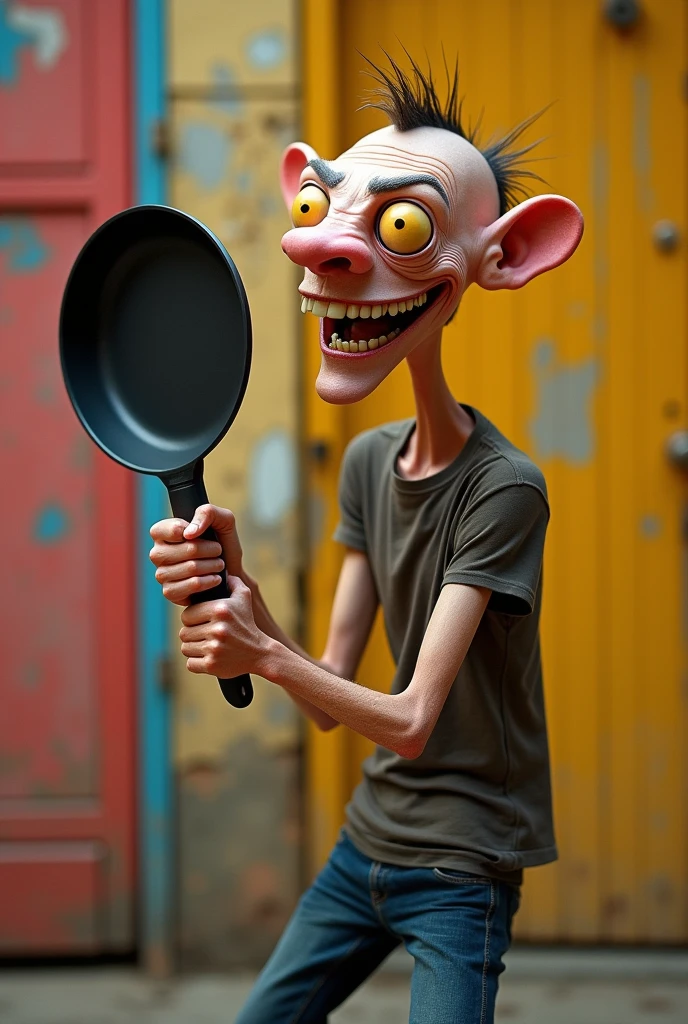 A skinny man gripping a frying pan like a firearm, dynamic pose, humorous expression, vibrant colors, realistic image ,exaggerated features --s 100 --ar 1:1 --no text