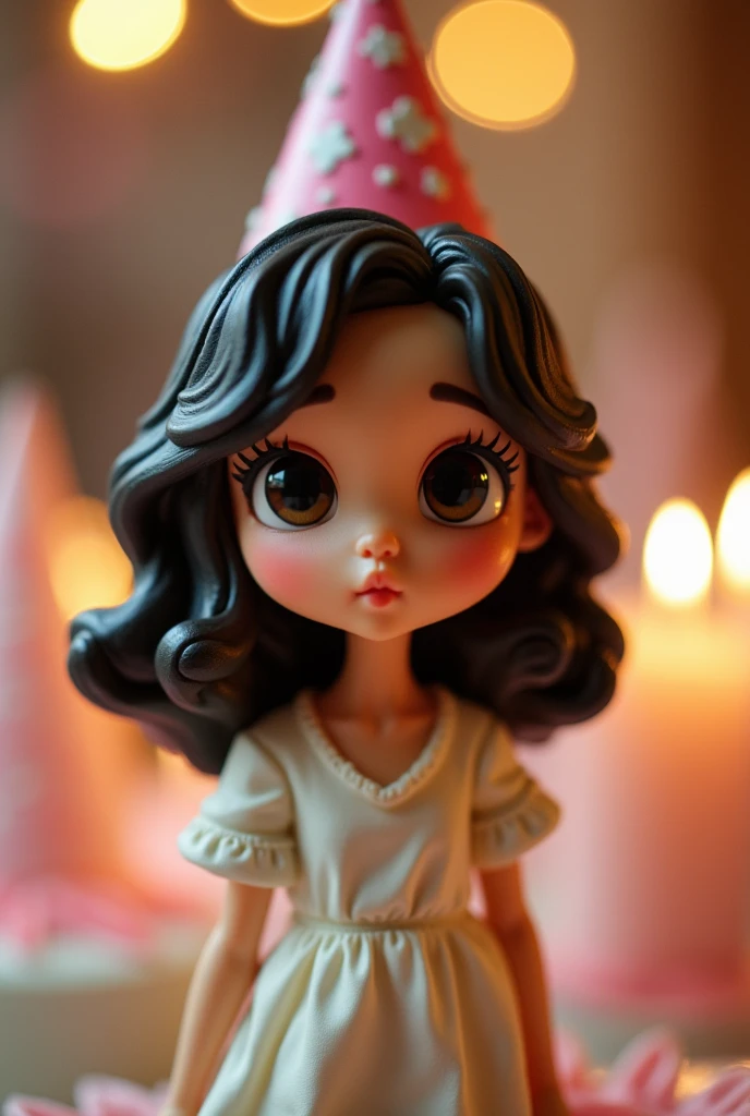 Brunette  Cake Topper, medium wavy black hair. Mouth pouting with a slight smile. eyes black, birthday party 