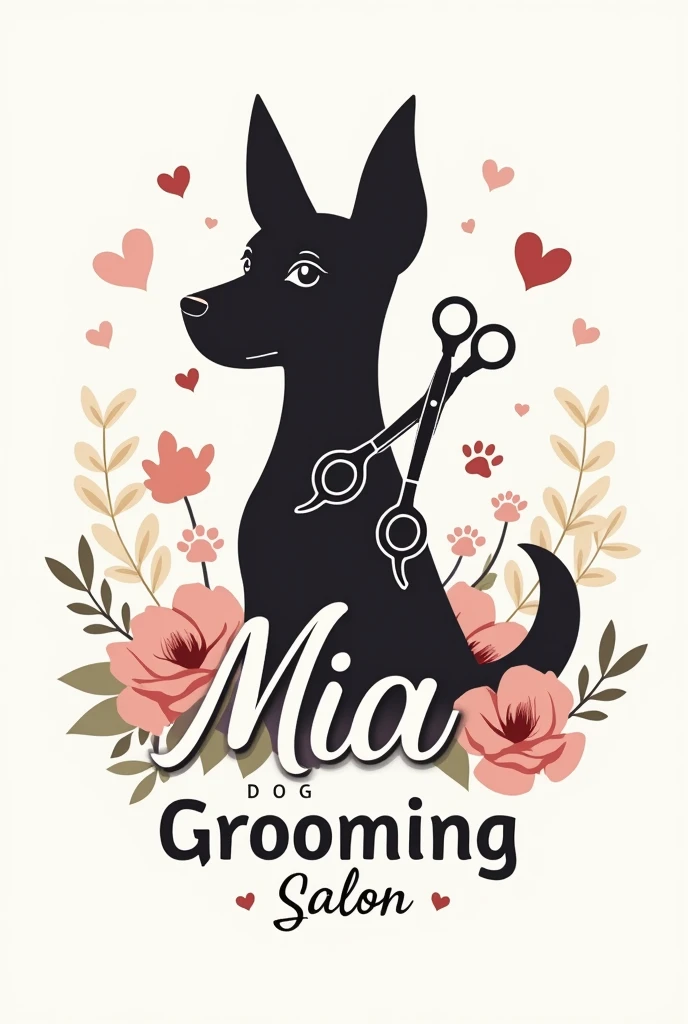 (Logo) elegant beautiful letters, with a legend that says Mia dog grooming salon, with silhouette of a black female dog with pricked ears holding dog grooming scissors and dog paw prints and hearts and flowers 