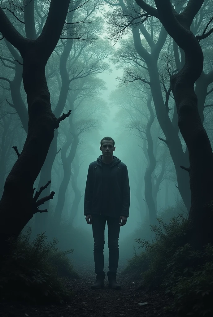 A man with depression in a dark forest