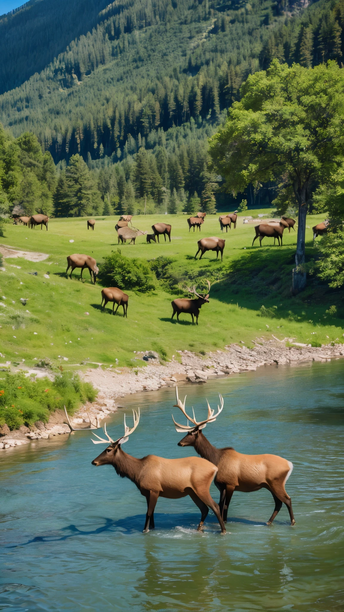 ((masterpiece)), Highest quality, (8k, Highest quality, masterpiece: 1.2), Very detailed, A herd of elk walking along a river in a mountain valley.