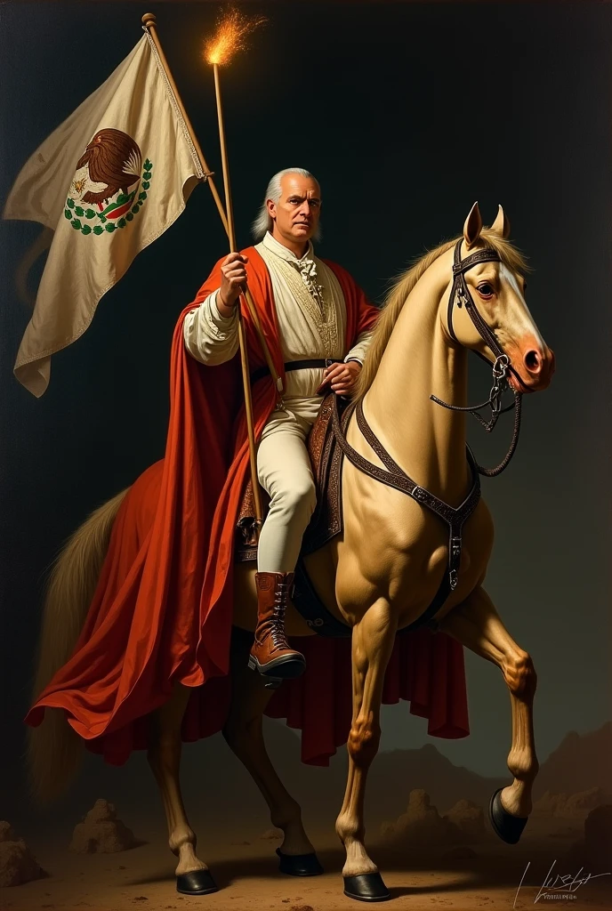 masterpiece, realist, old painting, Renaissance style, visual impact, high contrast, black dark background, (Miguel Hidalgo) hero of Mexico's independence, man with white hair and bald, on a beautiful horse, and shocking look, holding a torch,and a standard of the virgin,(the noble priest), ,Traces of war are visible,, high quality, lights and shadows rembrant style, tenebrismo, Caravaggio, (the priest Miguel Hidalgo)