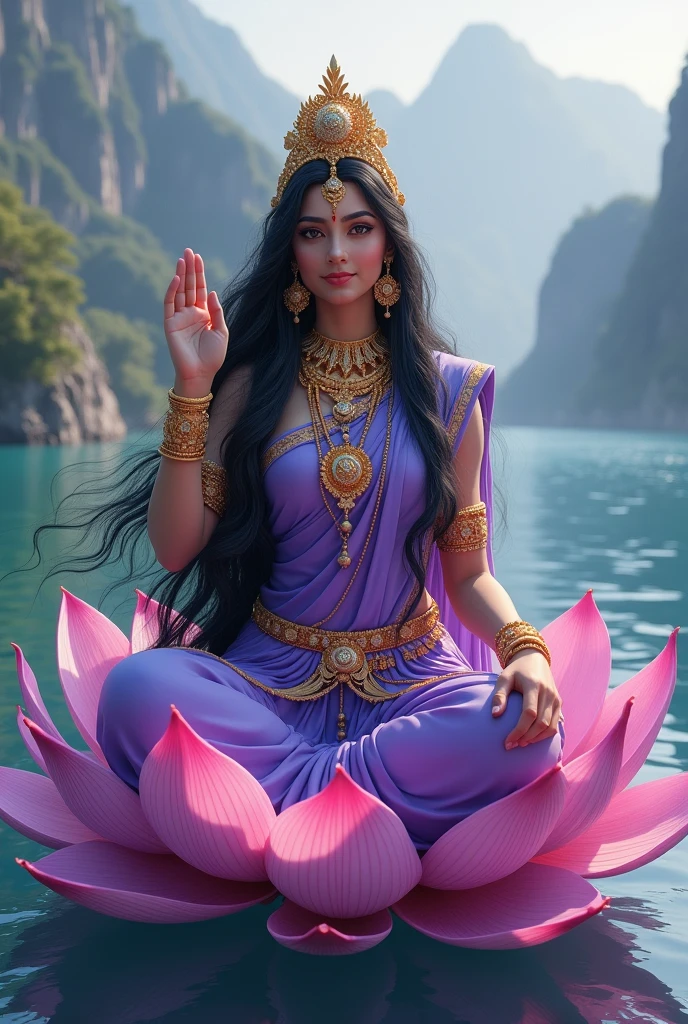 "Create an ultra-realistic image of the beautiful Goddess Siddhidatri Devi, depicted in a stunning purple saree that symbolizes her divine powers and spiritual wisdom. The saree should be richly detailed with intricate gold patterns, highlighting her celestial status. Her long, flowing black hair should be beautifully styled, cascading gracefully over her shoulders, adding to her divine beauty. Her complexion should radiate a soft, ethereal glow, with a serene and compassionate expression on her face, embodying both grace and strength.
Goddess Siddhidatri should be seated on an extremely large and majestic lotus that is intricately designed, floating gracefully on a vast, serene ocean. The lotus should be depicted with vibrant, detailed petals that enhance its divine nature.
She should have two hands: her right hand is in a blessing posture, offering protection and boons to her devotees, while her left hand holds a giant, beautiful mace, symbolizing her power and ability to grant siddhis (spiritual powers).
The background should feature a breathtaking landscape with a cascading waterfall, majestic mountains, and the vast ocean, creating a serene and awe-inspiring atmosphere. The overall image should capture the essence of Goddess Siddhidatri’s beauty, power, and divine grace, presented in a highly realistic and detailed manner, with her purple saree, majestic lotus, and the powerful natural surroundings emphasizing her supreme authority and benevolence."