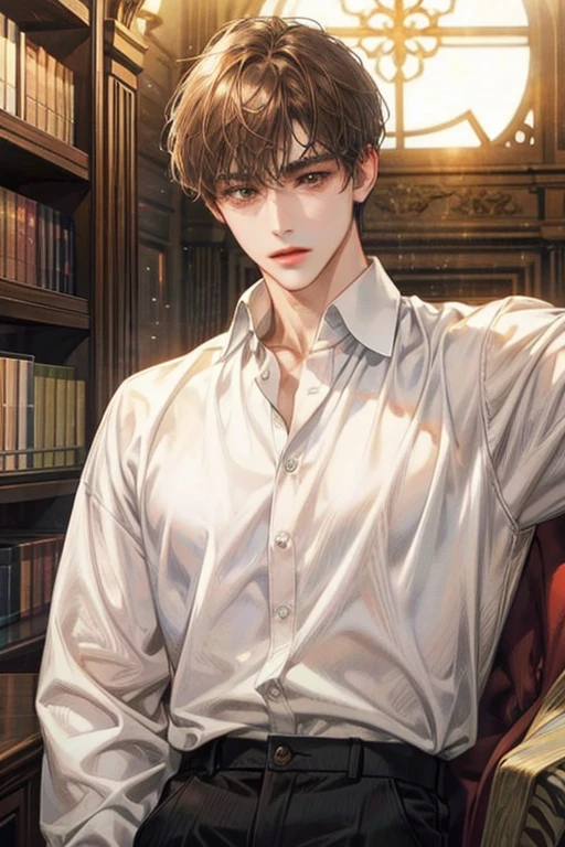male, delicate, white shirt clothing, library, Brown hair, black eyes