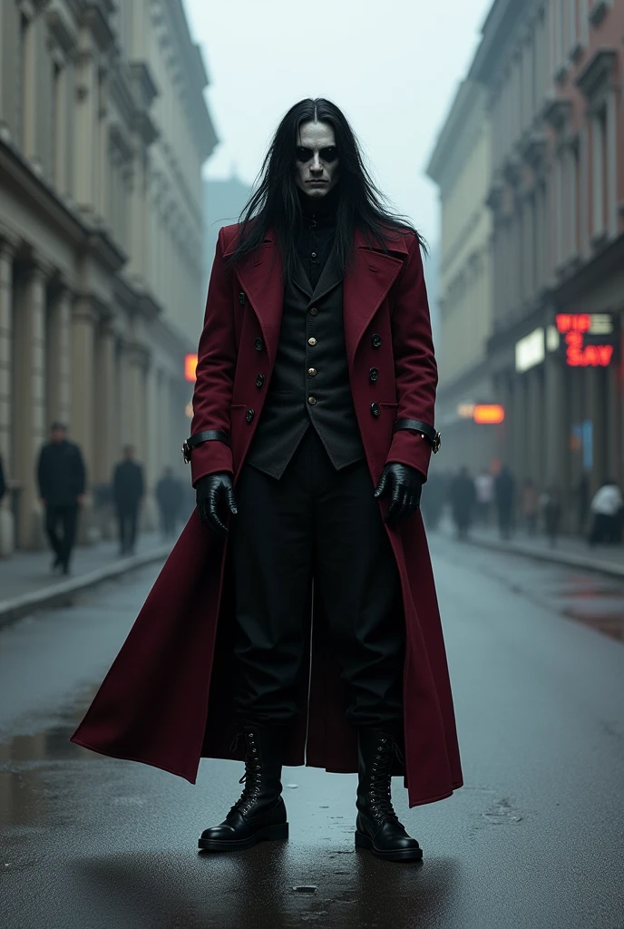 Vladislav was standing in the middle
of the street like a shadow come
to life. Black combat boots, black
loose pants. Long black hair trailing
down a wine-red military coat. Void
black eyes that opened up to a
lifeless void swallowing anything and
everything in its wake.