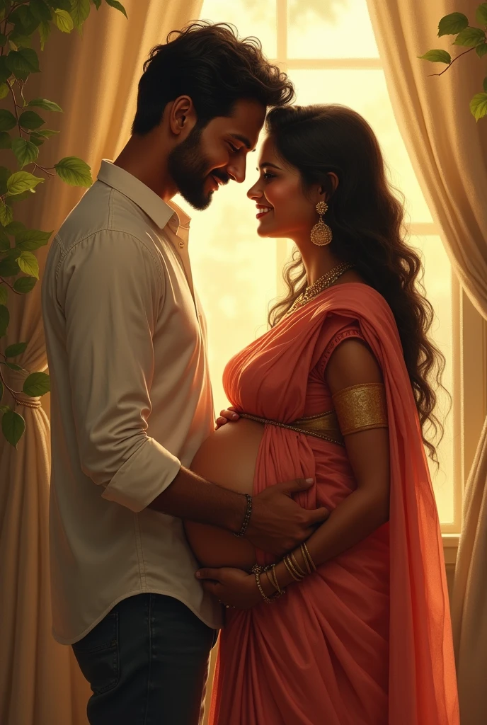 A indian women with her husband, she is pregnant