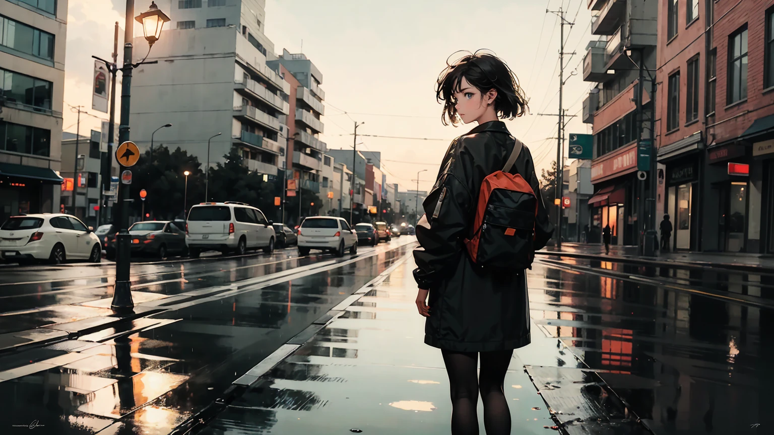 masterpiece, top quality, very detailed, absolute resolution, high resolution, Best quality, 8k, The image depicts a digital artwork in which a girl standing in the foreground with her back to the viewer is looking at an approaching city bus from the opposite side. The scene appears to be set at night, with streetlights reflected on the wet pavement, suggesting the recent downpour. The artwork has atmospheric and atmospheric quality, with detailed reflections and lighting that give a sense of depth and realism.