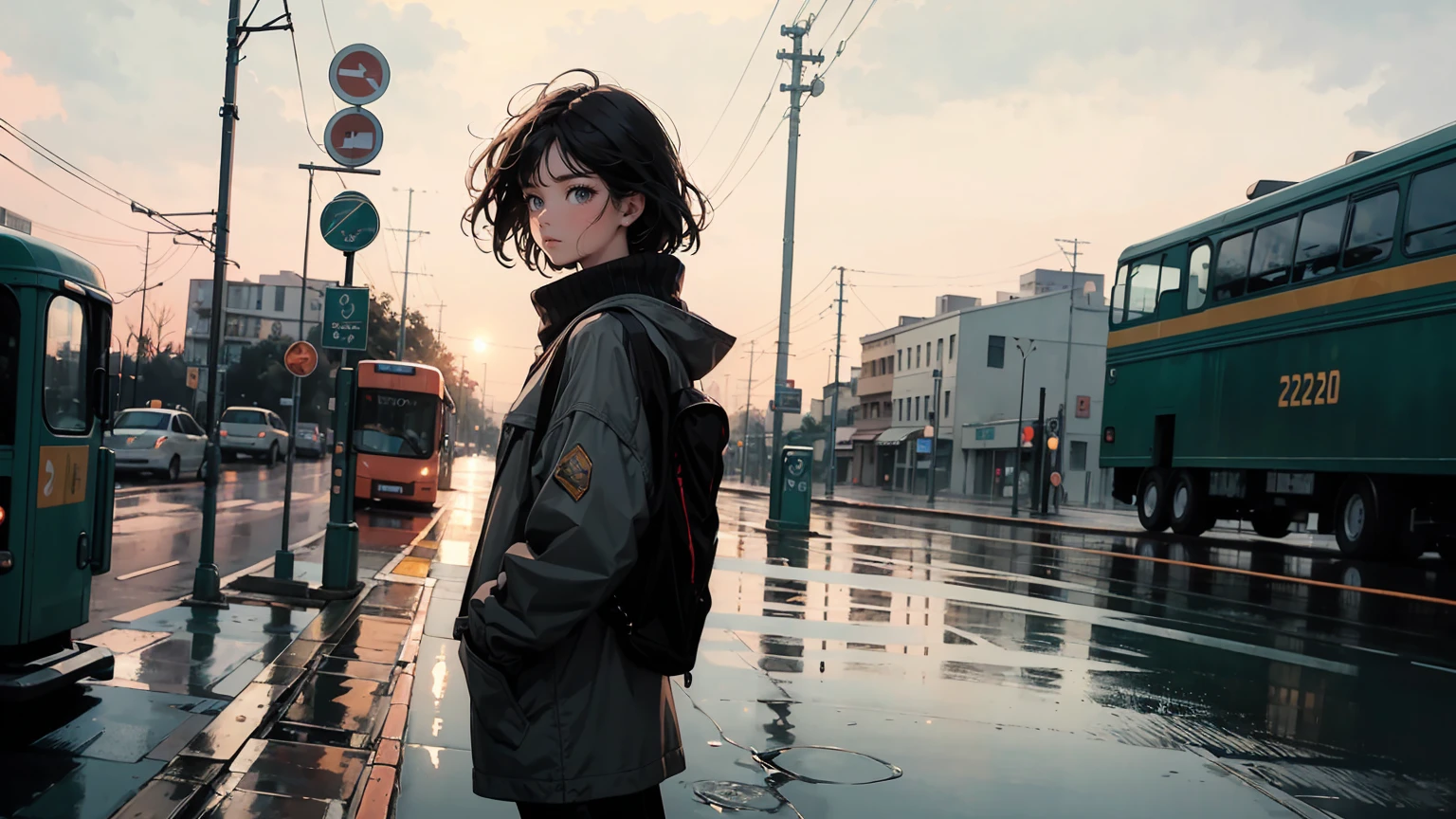 masterpiece, top quality, very detailed, absolute resolution, high resolution, Best quality, 8k, The image depicts a digital artwork in which a girl standing in the foreground with her back to the viewer is looking at an approaching city bus from the opposite side. The scene appears to be set at night, with streetlights reflected on the wet pavement, suggesting the recent downpour. The artwork has atmospheric and atmospheric quality, with detailed reflections and lighting that give a sense of depth and realism.