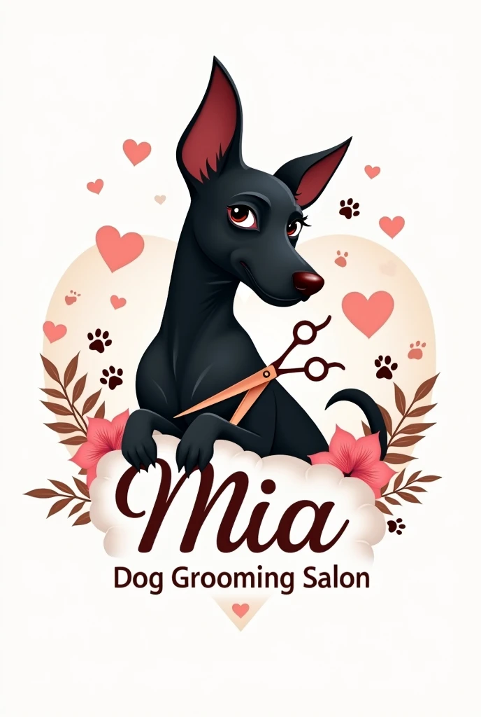 (Logo) elegant beautiful letters, with a legend that says Mia dog grooming salon, with silhouette of a black female dog with pricked ears holding dog grooming scissors and dog paw prints and hearts and flowers
