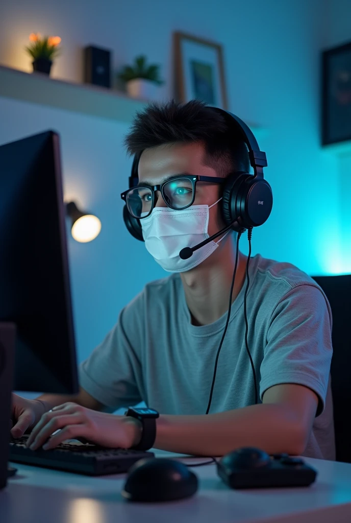 a 20 year old boy sitting in desktop and use headphones and mic face mask and easy black glasses 