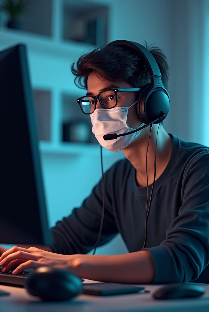 a 20 year old boy sitting in desktop and use headphones and mic face mask and easy black glasses