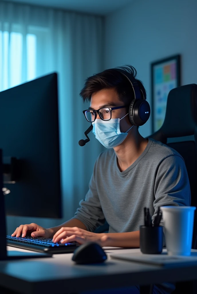a 20 year old boy sitting in desktop and use headphones and mic face mask and easy black glasses