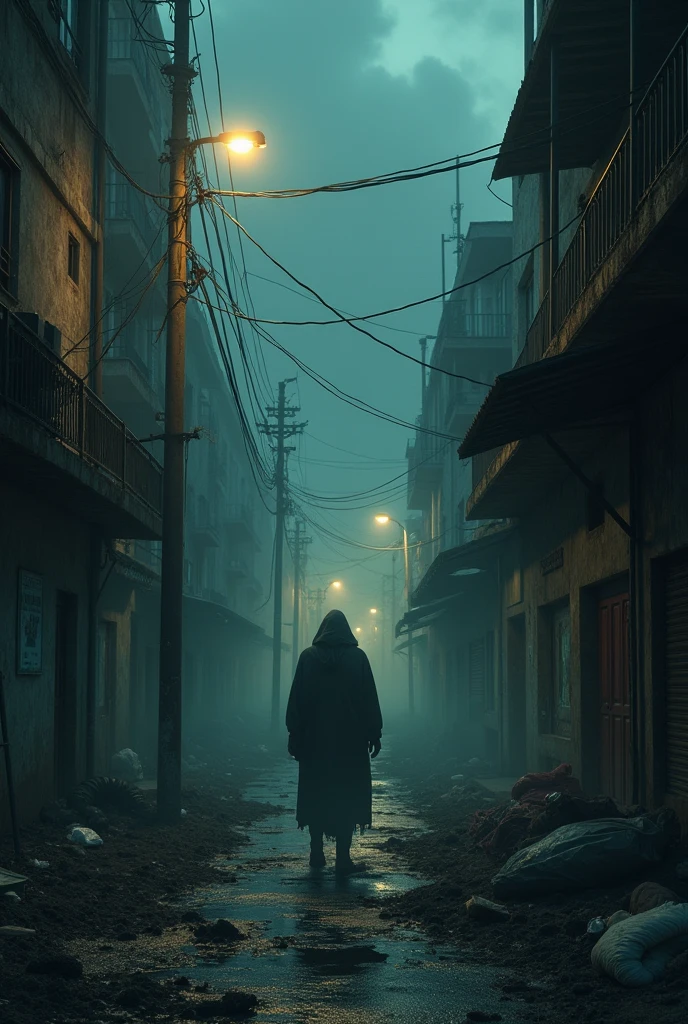 "A dark, desolate urban landscape at night, with dim streetlights barely illuminating narrow alleys and abandoned lots. A sinister figure lurks in the shadows, exuding menace and control. The scene should evoke fear, tension, and isolation, with gritty textures and cold colors. In the background, dilapidated buildings and trash-strewn vacant lots hint at the harsh realities of life in the city's forgotten corners."